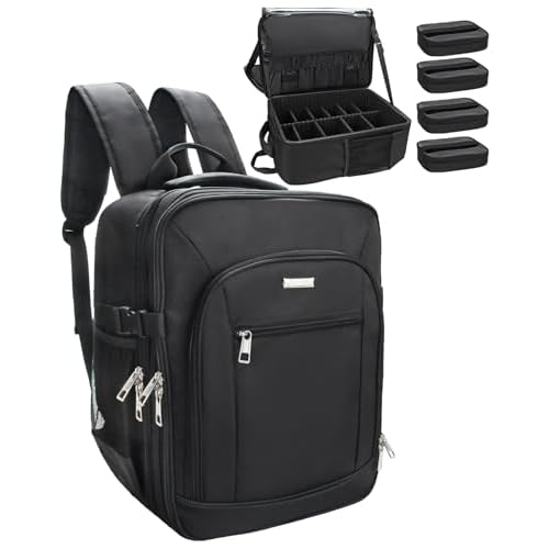 TANTO Makeup Backpack Makeup Artist Bag Professional Extra Large Cosmetic Bag Travel Train Case Storage Organizer Double-Layer Large Capacity Cosmetic Case with 4 Pouch(Black)