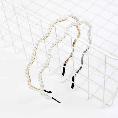 TERSE Metal Headbands for Women Cute Wave Pearl Headbands for Women's Hair Fashion Designer Headband Elegant Bridal Headband for Wedding Trendy Hair Accessories 2Pcs