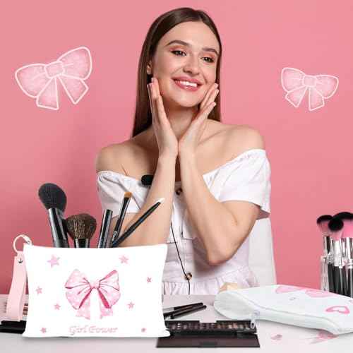 PUNICA 8 Pcs Pink Coquette Bow Makeup Bag Preppy Cosmetic Bags Canvas Zipper Pouch with Handle, Travel Bag Gift for Nurse Women Girls Coquette Party Favors Storage Accessories