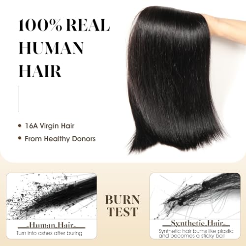 Human Hair Bundles with Closure Straight(14 16 18 +12,Free Part) Closure with 3 Bundles Brazilian Virgin Hair 16A Extensions with Pre Plucked with Baby Hair 4X4 HD Lace Closure Natural Black Color