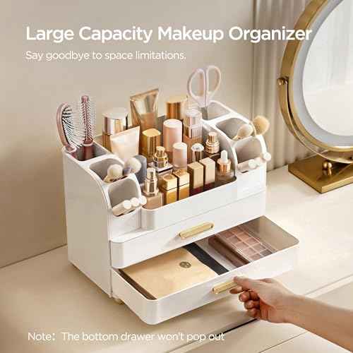 HBlife Makeup Organizer for Vanity with Brush Holder, Large Bathroom Countertop Cosmetic Organizer Skin Care Storage, Easy to Store Lipsticks, Nail Polishes, Perfumes, Eyeshadow Palettes, All White