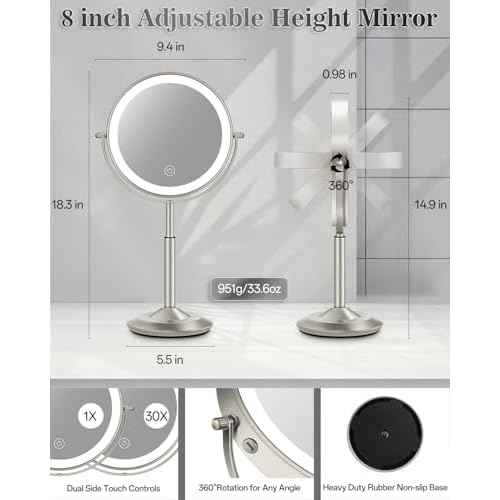 Makeup Mirror with Lights, 1X/30X Lighted Magnifying Mirror Height Adjustable, 3000mAh Rechargeable Double Sided Vanity Mirrors with 3 LED Lighting and Adjustable Brightness for Desk Women Gift