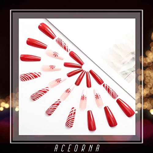 Red Long Press on Nails Glossy Xmas Fake Nails Black Coffin Snowflake Stripe Full Cover Acrylic Nail Christmas False Nails for Women and Girls 24PCS (Type A)