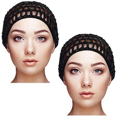 Geyoga 2 Pieces Mesh Crochet Hair Net Rayon Knit Snood Cap Cover Crocheted Shower Caps Sleep Hat for Women(Black)