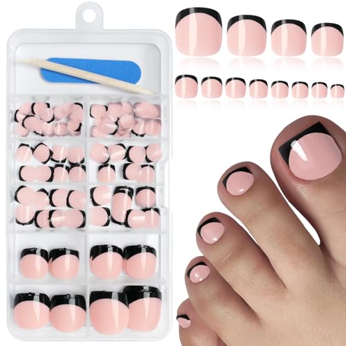 Black French Tip Press on Toenails, 120Pcs French Toe Nails Press on with Glue, Glossy Short Square Nude Fake Toenails Full Cover Acrylic Artificial Toenail for Women Girls