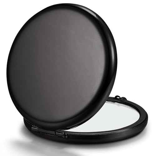 Compact Mirror for Purse, Double-Sided 1X/2X Magnifying Metal Pocket Makeup Mirrors(Round, Onyx Black)