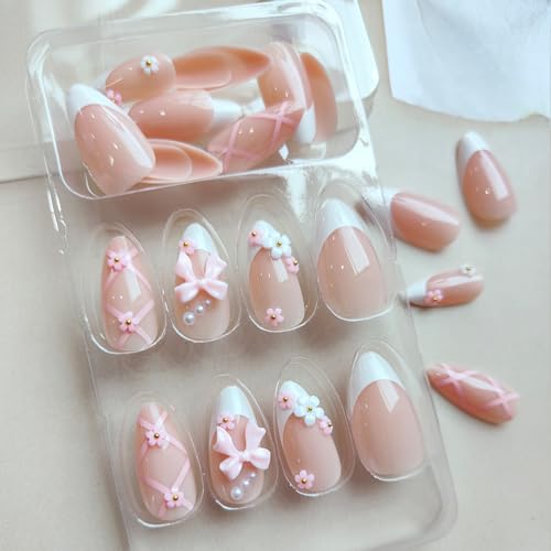 Almond Press on Nails White French Tip Fake Nails 3D Flower Pink Bow Nail Designs Luxury Acrylic Artificial Nails Full Cover False Nails French Natural Fit Stick on Nails for Women 24Pcs