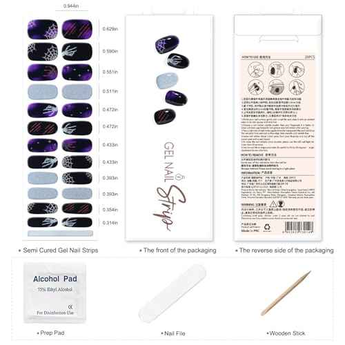 DANNEASY 24 Pieces Halloween Semi Cured Gel Nail Strips Glow in The Dark Gel Nail Stickers Full Nail Wraps Spider Web Bat Skeleton Manicure Design with Nail File, Cuticle Stick, Prep Pads