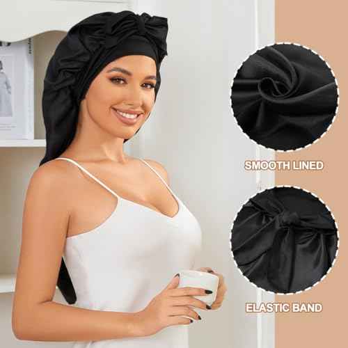 Long Satin Bonnet for Sleeping, Satin Lined Braid Bonnet with Elastic Band, Adjustable Long Strap Bonnets for Women Braids Dreadlock Curly Hair(Black)