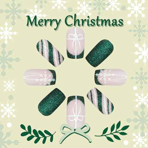 Christmas Green French Tip Press on Nails Square Medium Snowflake Fake Nails Winter Nude Pink False Nails Full Cover Reusable Acrylic Artificial Christmas Stick on Nail for Women 24 Pcs