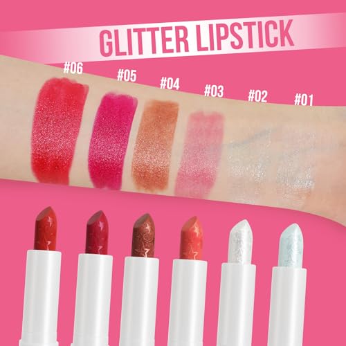 Glitter Lipstick Set,6PCS Shine Lip Sticks for Women Girls, Moisturizing and Nourishing Formula,Long Lasting,Waterproof,High Pigmented Lip Balm,Perfect Gifts