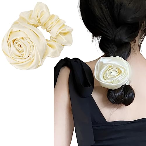 Guqqeuc Satin Rose Hair Scrunchie with Flower Hair Bow for Women Girls Silk Scrunchy Hair Elastics for Long Thick Hair