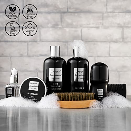 Christmas Gifts for Men, Mens Spa Gift Set Beard Kit and Body Care, Unique Gifts for Dad Sandalwood Spa Gift Baskets, Bath and Beard Grooming Kit, Birthday Gifts for Him with Beard Balm, Growth Oil.