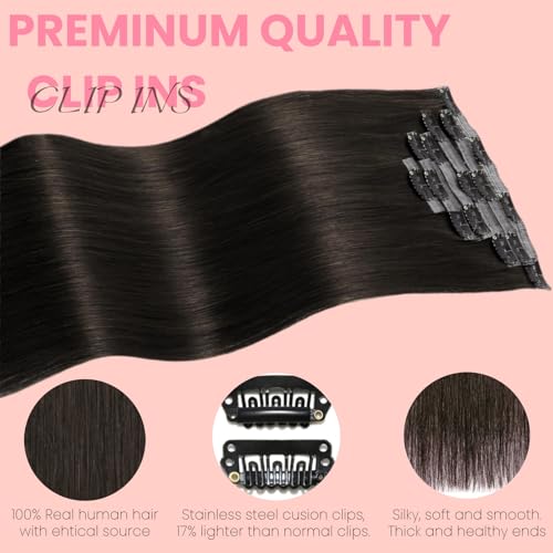Clip in Extensions Real Human Hair 7pcs, Natural and Seamless 90g (Dark Brown to Black, 22 inch)