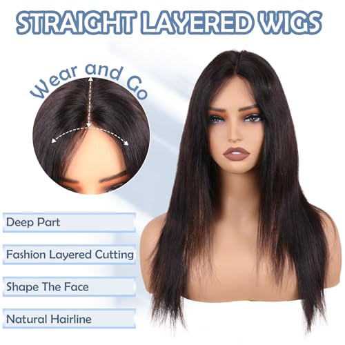 Straight Wigs Human Hair Wear and Go Glueless Wigs Human Hair Pre Plucked Pre Cut HD Lace Front Wig 180 Density Layered Wig Black Mixed Brown 20 inch FS1B/30