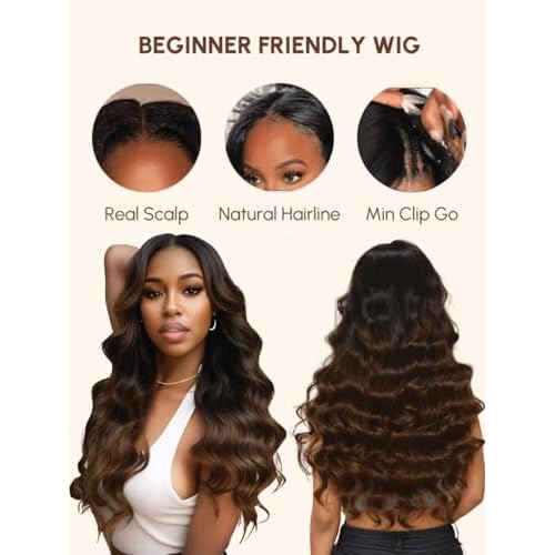 YIROO V Part Wig Human Hair No Leave Out Ombre Chestnut Brown Yaki Straight Glueless Human Hair Wig Upgrade U Part Wigs for Women V Shape Clip in Half Wig No Glue No Sew in Beginner Wig 16inch