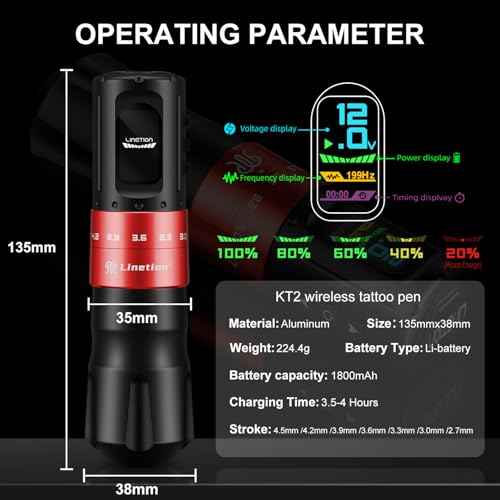 Tattoo Gun KT2 Adjustable Stroke Wireless Tattoo Pen Machine Kit,Coreless Motor,Strokes from 2.7~4.5mm,2 Pcs Replacement 1800mAh Power Battery Pack,Smart Multi-function (KT2-R2B)