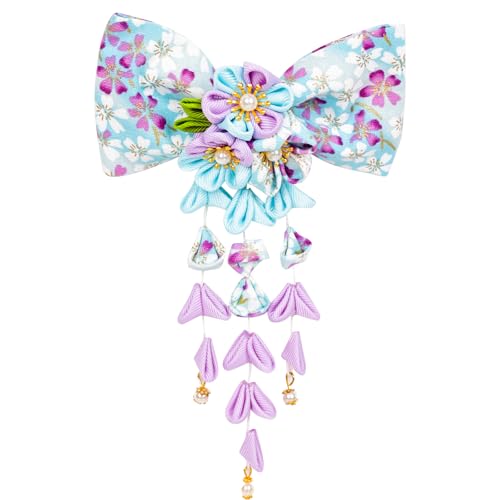 1pcs Japanese Style Hair Clips, Bowknot Tassel Hair Accessories Flower Kimono Traditional Hairpins Barrette Cherry Blossom Hair Clamp Bride Hanfu Accessory for Womens (Blue)