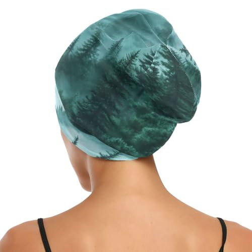 Beanie Hat Satin Bonnet Lined Sleep Cap Hair Wrap Cover Slouchy Beanie for Curly Hair Protection for Gifts for Men Women Foggy Green Mountains and Pine Trees