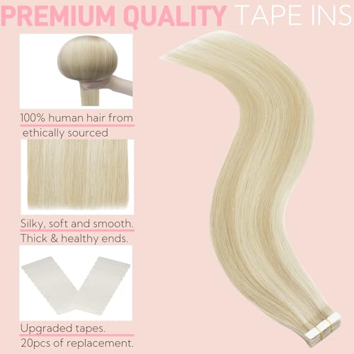 Tape in Hair Extensions Real Human Hair Double Stitched Invisible Seamless 20pcs 50g (Balayage Golden Blonde to Light Blonde, 22 inch)
