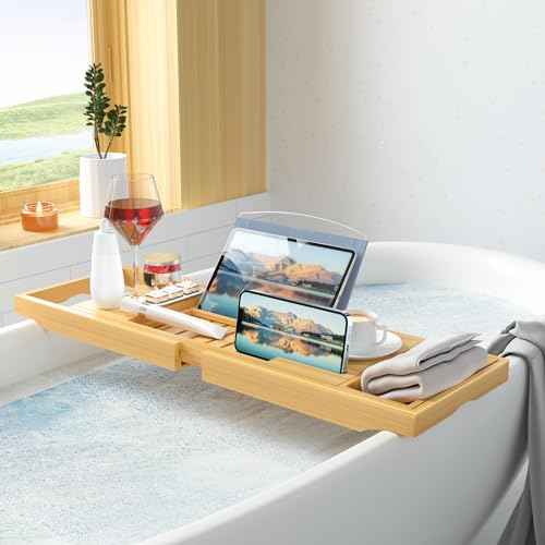 Luxury Bamboo Bathtub Tray - Wooden Expandable Caddy with Book, Tablet, Wine Holder - Gift Idea