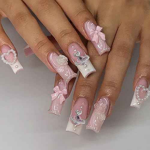24 Pcs Long Square Press on Nails French Tip Fake Nails Full Cover 3D Rhinestone Acrylic False Nail Tips with Gems Sweet Pink Stick on Nails Long Artificial Nails for Women Manicure Decorations