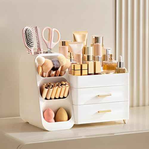 HBlife Makeup Organizer with Brush Holder for Vanity, Large Plastic Bathroom Countertop Organizer Skin Care Storage, Easy to Store Lipsticks, Nail Polishes, Perfumes, Eyeshadow Palettes, All White