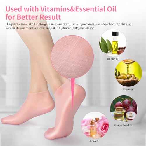 2 Pairs Silicone Moisturizing Socks for Dry Cracked Feet Women, Soft Gel Pedicure Foot Spa Aloe Socks, Anti-Slip Moisturizer Socks for Dry Cracked Feet Overnight Foot Care Pink&White