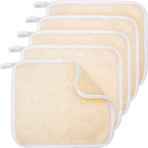 Tatuo 5 Pcs Exfoliating Face and Body Wash Cloths Towel Weave Bath Exfoliating Scrub Massage Bath Cloth for Women and Men, 10.63 x 9.05 Inch(Beige Edge)