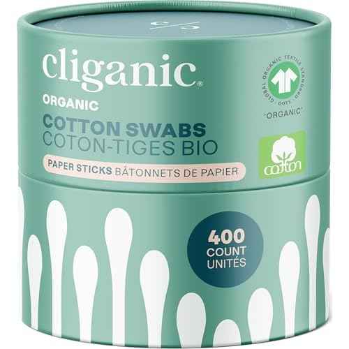 Cliganic Organic Cotton Swabs, 400 Count - 100% Pure Natural Cotton, Chlorine-Free Hypoallergenic, Soft, Gentle & Absorbent Paper Buds