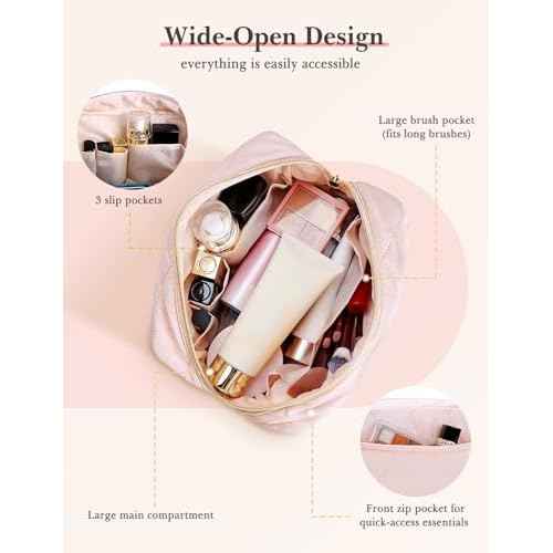 Noozion Makeup Bag, Travel Cosmetic Bag, Puffy Padded Toiletry Bag for Women, Makeup Organizer Case, Wide-open Pouch Purse, Travel Essentials