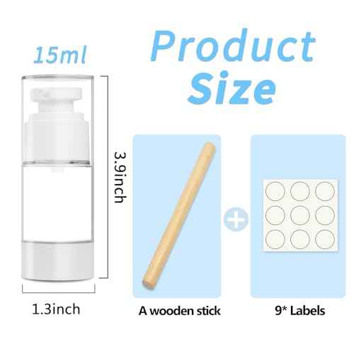0.5 OZ/15ML Airless Pump Bottles, 3 Pack Lotion Dispenser Travel Size Pump Bottles, Vacuum Cosmetic Travel Bottle for Lotion, Creams, Foundation, Cosmetic, with Labels, Wooeden Stick
