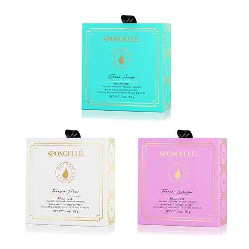 Spongelle Wild Flower Buffer Body Scrubber Bundle with Box | Bath & Shower Loofah for Women | Exfoliator with Body Wash Infused | 14+ uses (Beach Grass, French Lavender, Freesia Pear)