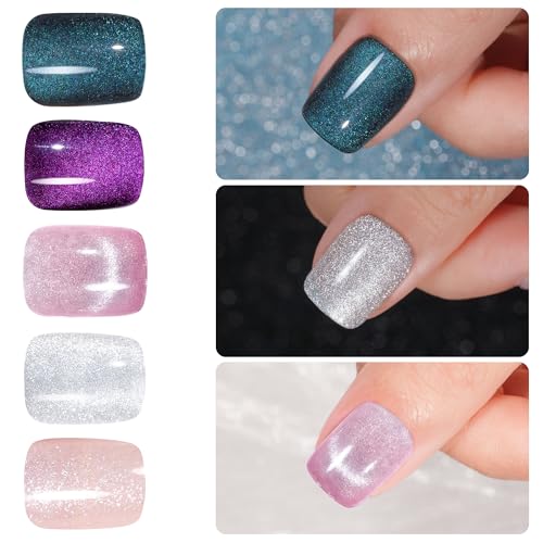Jofay Fashion Cat Eye Press on Nails - Short, Salon-Like Fake Nails with Glitter Galaxy Chasing Light Cat Eye Designs