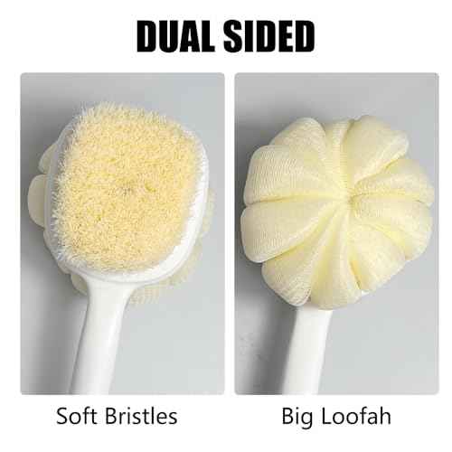 Shower Body Brush Soft Bristles and Loofah Long Handle Back Scrubber Bath Mesh Sponge Skin Exfoliating Men and Women (Grey)