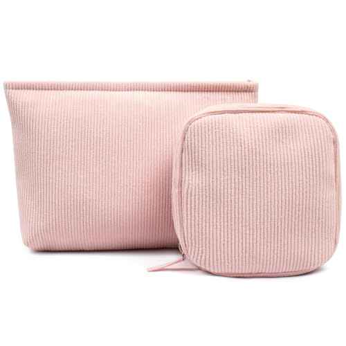 2Pcs Makeup Bag for Women, Large Corduroy Cosmetic Bag Capacity Travel Toiletry Bag Mini Makeup Pouch for Purse Small Makeup Organizer Bag Cute Makeup Brushes Storage Bag (Large+Mini Pink)