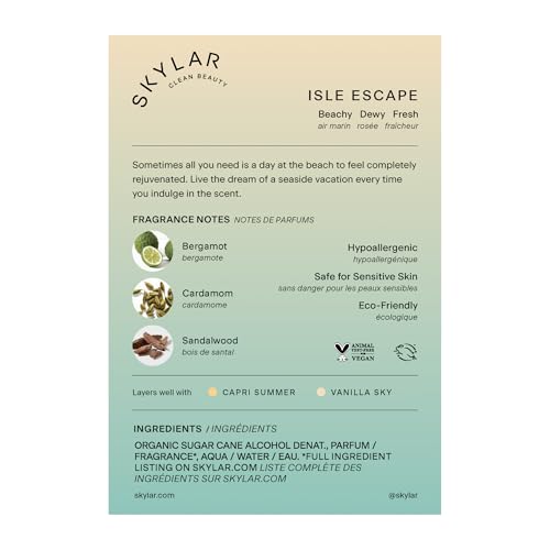 Skylar Isle Escape Eau de Parfum - Hypoallergenic & Clean Perfume for Women & Men, Vegan & Safe for Sensitive Skin - Fresh Perfume with Notes of Bergamot, Cardamom & Sandalwood - 50mL /1.7 Fl oz
