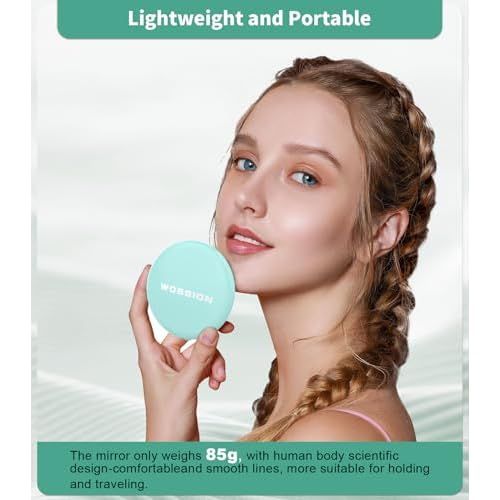 WOBSION LED Lighted Travel Makeup Mirror, 1x/10x Magnification, Compact, Portable for Handbag, Purse, Pocket, 3.5 inch Illuminated, Folding, Handheld, 2-Sided, Round, Cyan