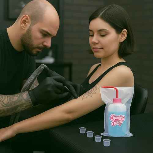 Wash Bottle Bags?250PCS Tattoo Bottle Covers for 17oz/500ml Squeeze & Spray Bottles, with 8 Bottle Stickers, 2 Paper Tapes, 100 Rubber Bands?Professional Tattoo Supplies Accessories Kit (Clear Kit)