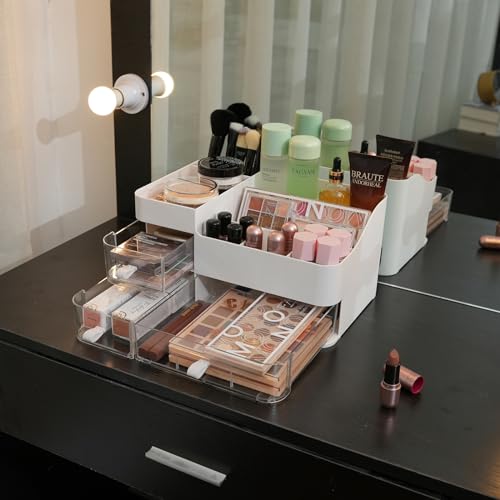 KLGO Makeup Organizer and Storage Cosmetic Display Case With 3 Clear Drawers Skincare Organizer for Bathroom Make Up Stand for Vanity Lipsticks, Jewelry, Nail Care, Eyeshadow, Skincare