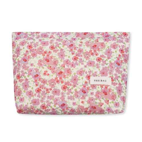 LJCZKA Aesthetic Floral Makeup Bag Cute Cotton Make up Pouch Large Flower Travel Toiletry Organizer Bag (Pink)