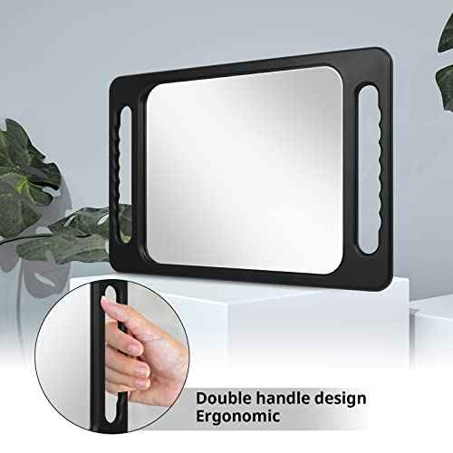 Drop-Proof Hand Mirror with Double Handle, Large Rectangular Hand held Mirror -(16"x10") Largehand Mirrors with Handle for Salons and Beauty Salons, Light Salon Hair Mirror(Black)