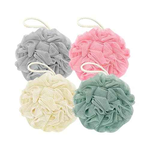 Shower Loofah Bath Sponge, 60G Loofah Exfoliating Body Scrubber, 4 Color Mesh Shower Pouf Balls for Body Wash (Ice Cream)