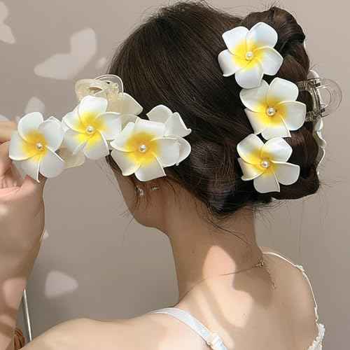 Hawaiian Plumeria and Hibiscus Flower Hair Clips for Women - Cute Large Pearl Non-Slip Claw Clips for Thick Hair, Beach Hair Accessories