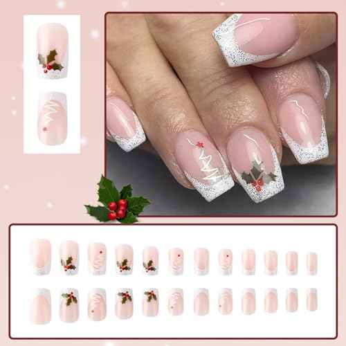 24 Pcs Christmas Pink Press on Nails Short Square - SHANRUN Xmas White French Fake Nails Press ons Nail Art Tip Glue on Nails Full Cover Artificial Acrylic False Nails with Christmas Tree Fruit Design