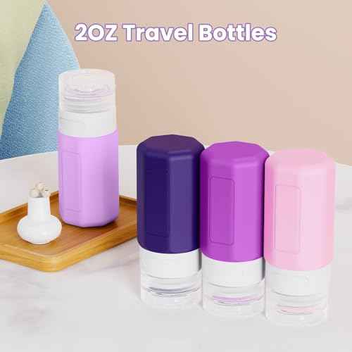 2 oz Travel Bottles, Small Travel Size Containers, TSA Approved Silicone Travel Toiletries Bottles, Shampoo and Conditioner Travel Kit for Women (Purple)