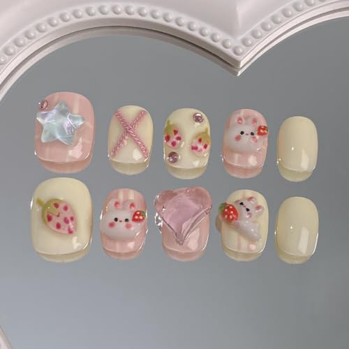 Handmade Wearing Nail New Nail Beauty Cute White Rabbit Nail Patch Finished Detachable Nail Patch False nails 10pcs (Size : XS)