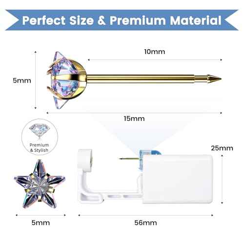 12 Pcs Ear Piercing Kit Disposable Ear Piercing Gun Kit with 4 Pcs 5 Prong Setting Cubic Zirconia Rainbow Star Earrings Stud 316L Stainless Steel Easy to Use Self Ear Piercer Gun Kit