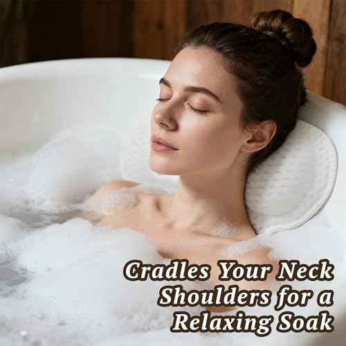 Bath Pillow, Luxury Bath Pillows for Tub Neck and Back Support, Bathtub Pillow - 4D Breathable Air Mesh Fabric with 6 Non-Slip Suction Cups, Bath Accessories White