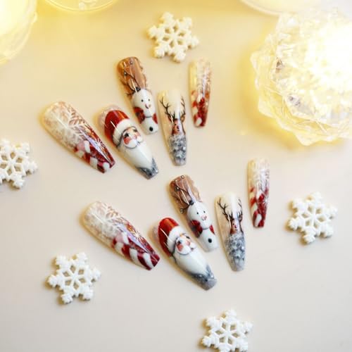 Long Coffin Christmas Press on Nail Long Xmas Fake Nails with Snowflake Santa Claus Deer Candy Cane designs Acrylic False Nails Glossy Red White Press ones for Women Girls Holiday Glue on Nails 24pcs